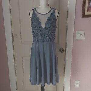 Grace Karin Dusty Blue Illusion Neckline Deep V-neck Formal Wedding Dress Size L